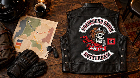 Roadbound Union Rotterdam club logo integrated directly into a black leather vest beside the Bigtwin three-hall plan.