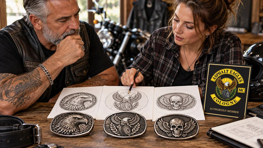 Asphalt Eagles editorial scene illustrating biker belt buckle motifs, personal meaning, cultural context, trademark and club-identity authorization, scale and legibility: featured.