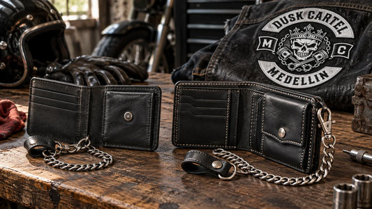 Dusk Cartel editorial scene illustrating budget versus premium biker wallets, stated leather, lining, stitching, hardware, chain attachment, capacity, repairability and care: featured.