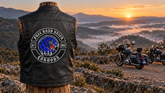 Logo exacto de Free Road Union Córdoba integrado en el centro de la espalda de un chaleco de cuero negro en un mirador de la Sierra.