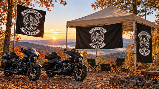 Night Wardens Phoenix motorcycle club camp marked with coordinated custom flags at an autumn Arkansas rally.