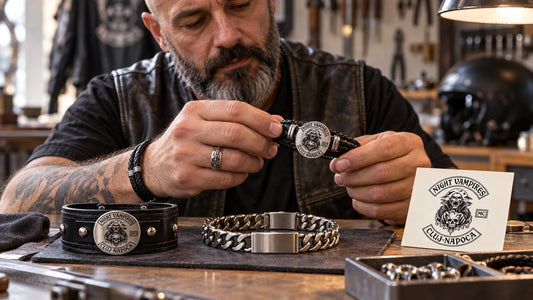 Night Vampires editorial scene illustrating custom biker bracelet materials, sizing, closures, logo methods, comfort, sample approval, quantities and reorder records: featured.