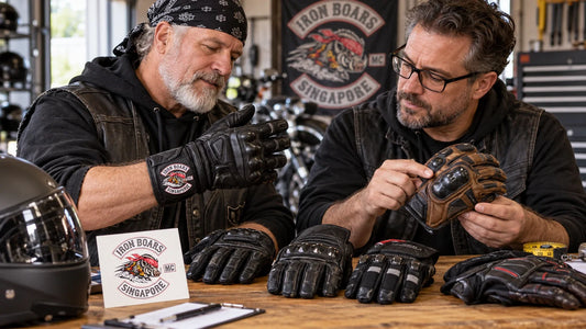 Iron Boars editorial scene illustrating custom biker glove fit, materials, protection claims, dexterity, closures, logo placement, samples, care and reorder records: featured.