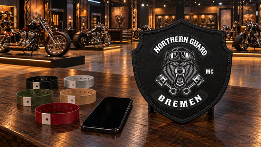 Northern Guard Bremen motorcycle club logo integrated directly into a black shield badge beside five admission bands.