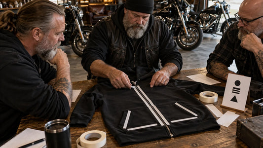 Three mature club organizers plan wordless artwork placement around the zipper and pockets of a black hoodie sample.