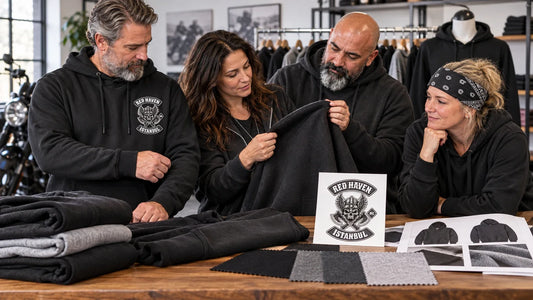 Red Haven editorial scene illustrating custom club hoodie fabric weight, fit, size range, construction, decoration method, logo placement, samples, care and reorders: featured.