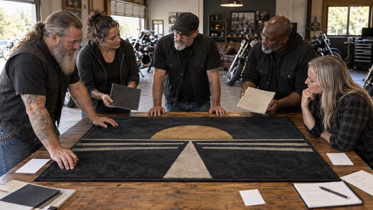 Motorcycle-club organizers review custom clubhouse rug samples for Custom Clubhouse Rugs: Buying Guide for Club Organizers.
