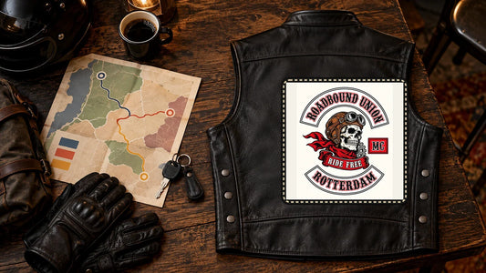 Roadbound Union Rotterdam leather motorcycle club vest beside a three-hall visit plan for Bigtwin Bikeshow & Expo 2026.