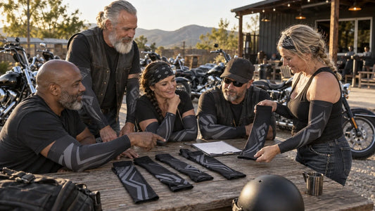 Motorcycle club members preparing a group order for custom arm sleeves beside American V-twin motorcycles.