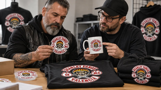 Scarlet Fangs editorial scene illustrating planning authorized motorcycle club merchandise across mugs, stickers and apparel: featured.