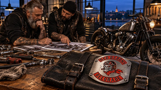 Red Barons Belgrade-klubbmärket graverat i en namnbricka medan två byggare går igenom en customhoj-anmälan.