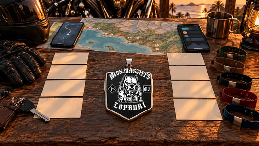 Iron Mastiffs Lopburi motorcycle club logo integrated directly into a silver shield pendant for Motoverse planning.