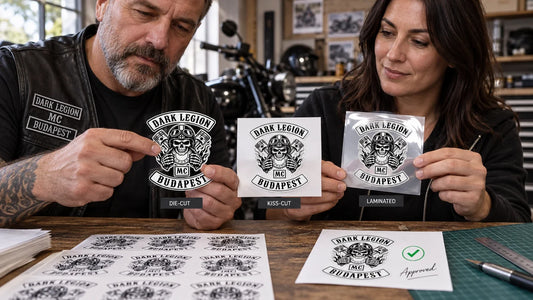 Dark Legion editorial scene illustrating custom motorcycle club sticker authorization, intended surface, size, cutline, adhesive, laminate, weather exposure, sample approval and distribution: featured.