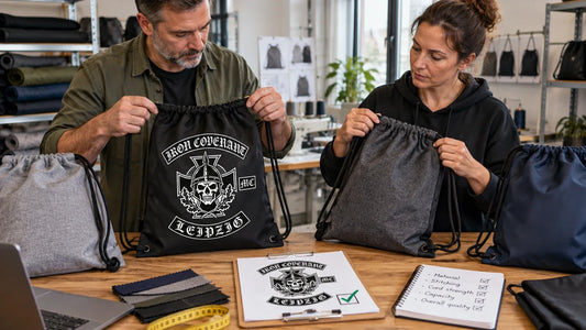 Iron Covenant editorial scene illustrating custom drawstring bag fabric weight, lining, cord material, channels, eyelets, reinforcement, seams, capacity, logo placement and sample testing: featured.