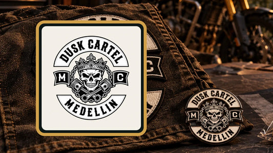 Dusk Cartel Medellin exact authorized club logo mounted on a rally-readiness patch and badge board.