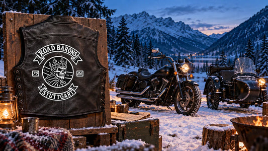 Road Barons Stuttgart motorcycle club logo integrated into the center back panel of a leather vest for winter rally preparation