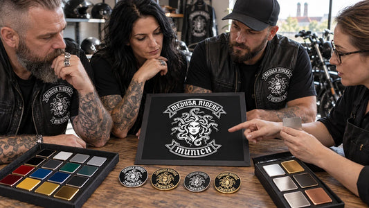 Medusa Riders riders review featured materials for Choosing Colors for Custom Motorcycle Club Pins.
