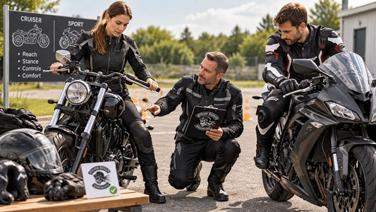 Storm Skulls editorial scene illustrating how beginning riders can compare cruiser-style and sport motorcycles by fit, weight, controls, power delivery, training and total ownership needs: featured.