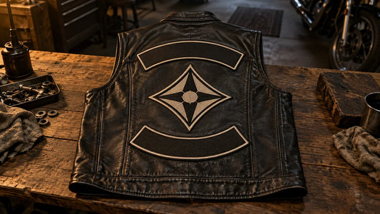 Unbranded black motorcycle club vest with an original blank three-part patch layout on a workshop table.