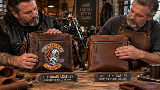 Southern Talons editorial scene illustrating full-grain versus top-grain leather crossbody bags, surface character, durability, finish, care and value: featured.
