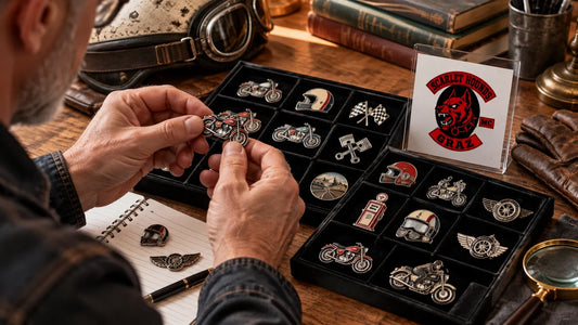 Scarlet Hounds editorial scene illustrating motorcycle brand pin collecting, authentic licensed merchandise, provenance, condition, display and trademark-respectful club customization: featured.