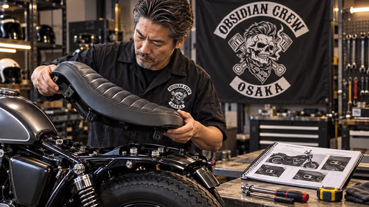 Obsidian Crew editorial scene illustrating motorcycle seat compatibility, mounting points and model-year verification: featured.