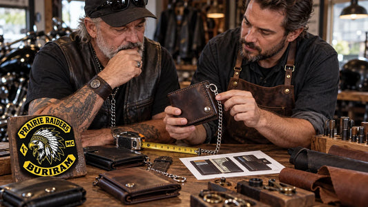 Prairie Raiders editorial scene illustrating how to choose a biker wallet gift by carry style, capacity, dimensions, chain attachment, leather, closure and recipient preference: featured.