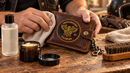 Origin Brothers editorial scene illustrating biker wallet cleaning and conditioning, leather identification, spot testing, drying and hardware care: featured.