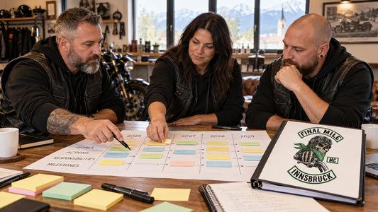 Final Mile editorial scene illustrating how a motorcycle club can build a long-term plan through member-authorized purpose, baseline review, measurable priorities, named owners, budgets, risk controls and scheduled reviews: featured.