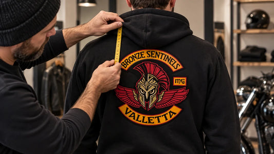 Bronze Sentinels editorial scene illustrating how to measure the hood-down covered zone, protect the priority club artwork area and approve back-logo placement on the exact hoodie blank across representative sizes: featured.