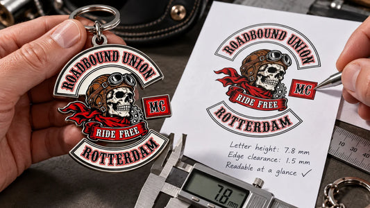 Roadbound Union custom keychain readability proof and sample review.