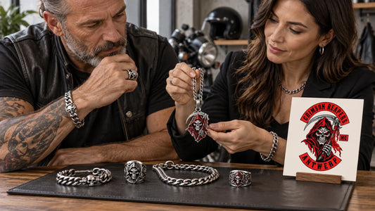 Crimson Reapers editorial scene illustrating how to pair biker pendants with rings, bracelets and chains using one focal piece, related finishes, balanced scale and safe spacing: featured.