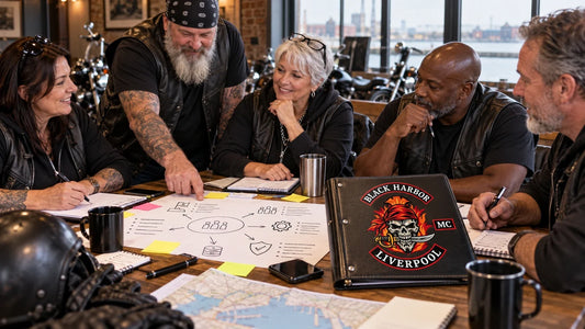 Black Harbor editorial scene illustrating how to plan a motorcycle club team-building event around a stated purpose, inclusive activities, responsibilities, safety, budget and documented follow-up: featured.
