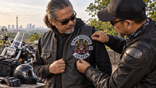 Crimson Brotherhood editorial scene illustrating how riders can display authorized badges on suitable garments or luggage while respecting ownership, placement rules, visibility, attachment security and protective gear: featured.