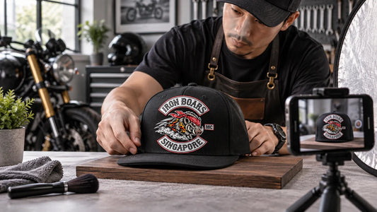 Iron Boars editorial scene illustrating photographing and presenting a motorcycle club hat on social media, lighting, backgrounds, angles, detail shots, captions and permission: featured.