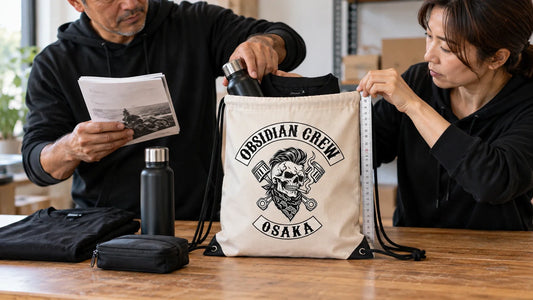 Obsidian Crew editorial scene illustrating how to size a drawstring bag by packing the exact event contents, measuring the filled envelope, checking closure space and documenting the approved pack: featured.