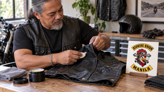 Redwing Union editorial scene illustrating how to soften a leather motorcycle vest gradually by identifying the leather and finish, spot-testing a compatible conditioner, applying a light coat and allowing the vest to flex naturally: featured.