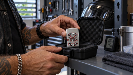 Steel Sabers editorial scene illustrating safe biker lighter storage, fuel removal where appropriate, heat, moisture, ventilation, finish protection and inspection: featured.