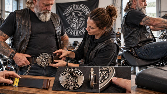 Iron Pilgrims editorial scene illustrating how to wear a large biker belt buckle comfortably by checking belt width, buckle weight, edge finish, seated posture, tank clearance and pressure points before riding: featured.
