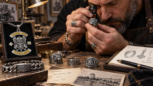 Thunder Gods editorial scene illustrating documenting inscriptions, numbers and acronyms in biker jewelry, provenance, context, personal meaning and authorization: featured.