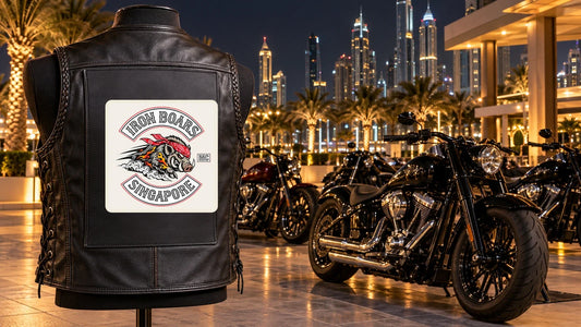 Black motorcycle club vest with an authorized embroidered club badge at a Dubai-inspired night custom-motorcycle gathering.