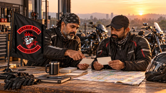 Riding-club coordinators separating individual check-in files from a River Falcons Ayutthaya custom club flag brief
