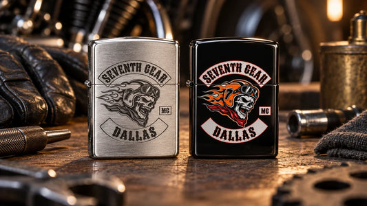 Seventh Gear editorial scene illustrating comparing engraved and printed artwork on biker lighters, finish, detail, color, durability, proofing and care: featured.