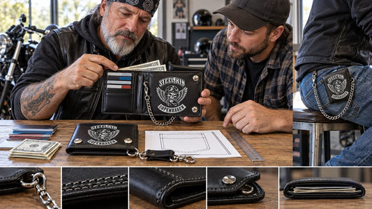Steel Kin editorial scene illustrating how to avoid biker-wallet buying mistakes by testing actual contents, dimensions, pocket fit, chain attachment, stitching, edge finishing, closure and riding comfort: featured.