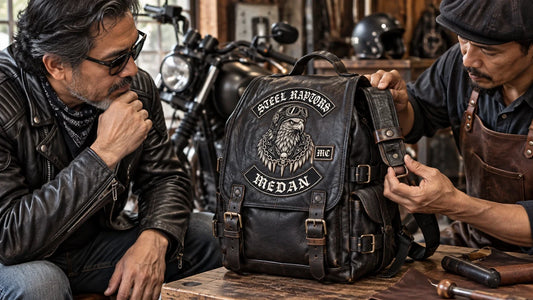 Steel Raptors editorial scene illustrating leather motorcycle backpack fit, strap security, weather protection and load comfort: featured.