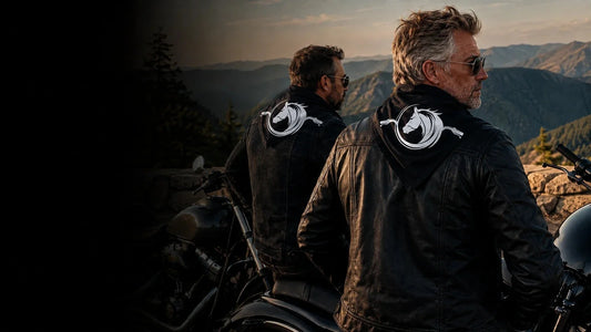 Two mature motorcycle club riders wearing custom black bandanas beside parked motorcycles at a mountain overlook.