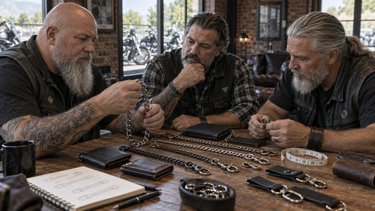Three mature motorcycle club riders compare unbranded wallet-chain attachments and finished lengths at a clubhouse table.
