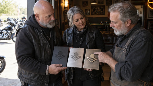 Club organizers compare commemorative plaque finish samples at a sheltered clubhouse doorway.