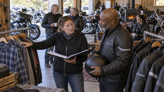 Motorcycle club coordinator discussing apparel requirements beside social clothing and riding gear with mature club riders and multiple unbranded heavyweight V-twin cruisers.