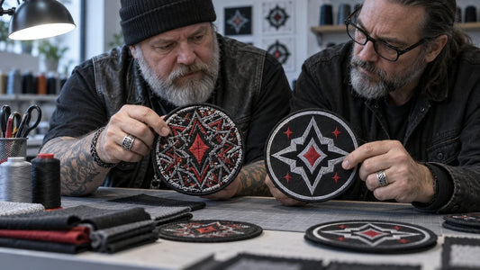 Two motorcycle club patch reviewers compare coarse and clean embroidered detail samples under neutral studio light.
